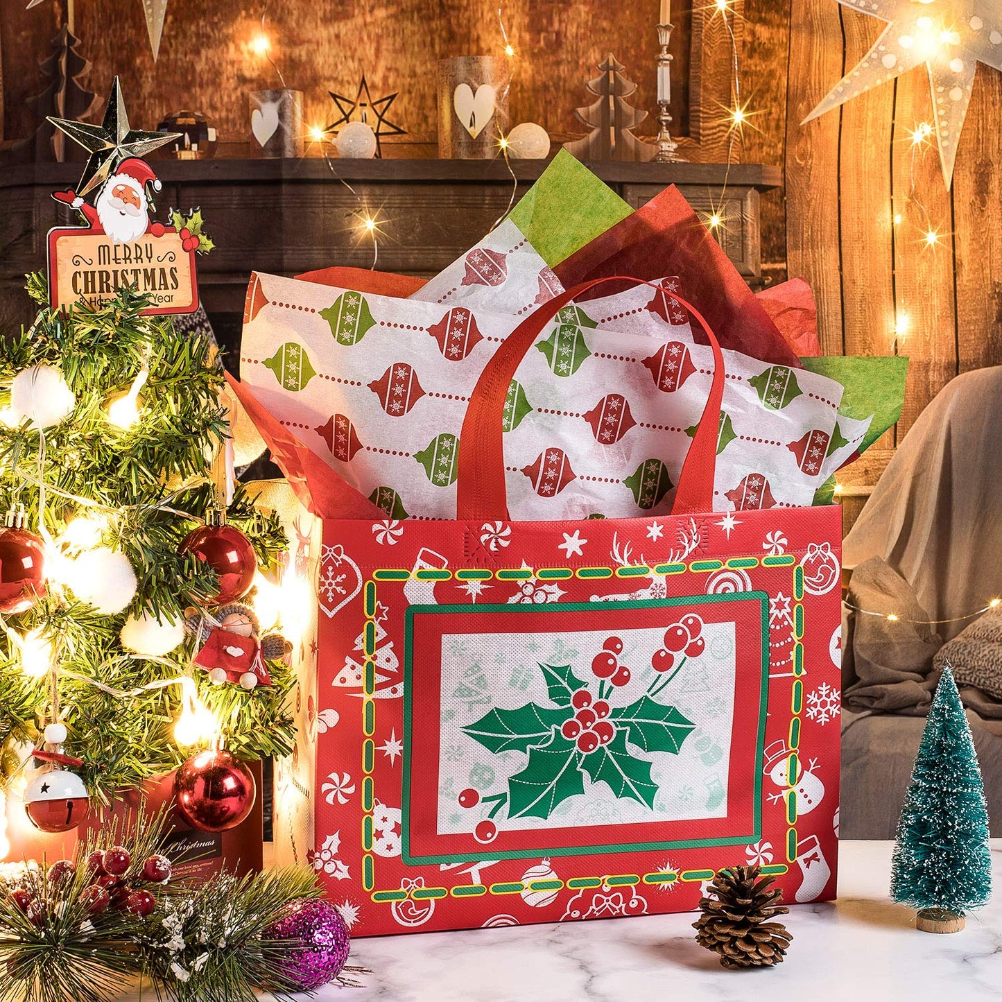 Whaline 12 Pack Large Christmas Gift Bags Reusable Non-Woven Tote Bags with Handles Christmas Grocery Shopping Totes for Holiday Xmas Gifts Party Favors, 12.8" x 9.8" x 6.7
