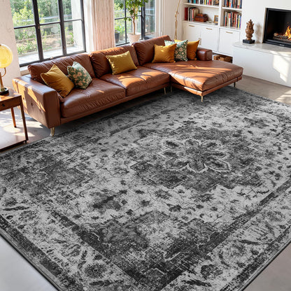 YOH Boho Washable Rug 8x10, Black Vintage Non Slip Area Rug, Distressed Indoor Carpet for Living Room Bedroom Kitchen Office