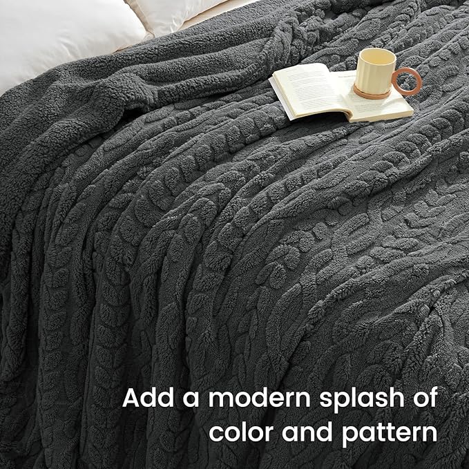 PHF Fluffy Sherpa Blanket Queen Size for Winter, Warm and Soft, 510GSM 3D Jacquard Thick Shaggy Fleece Plush Blanket for Sofa Bed, Dark Grey, 90"x90"