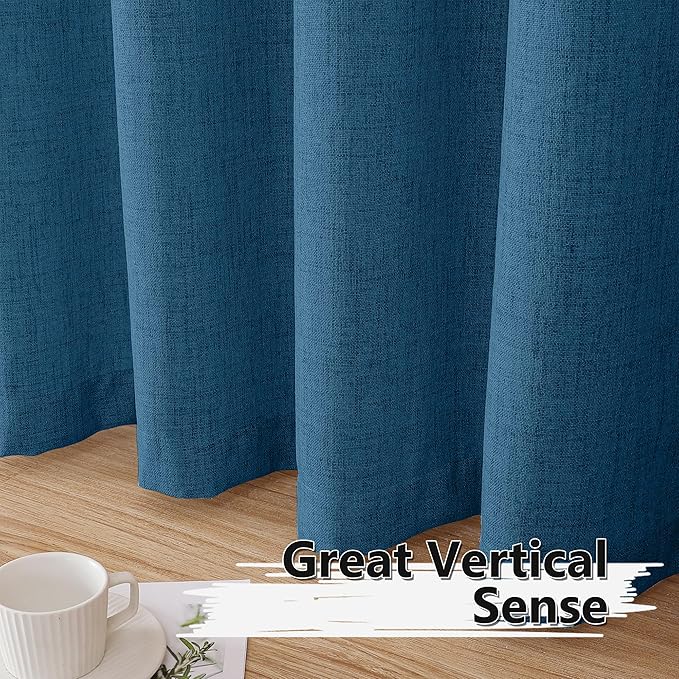 Tollpiz Short Linen Curtains Bedroom Rod Pocket Semi Sheer Curtain Burlap Light Filtering Thick Linen Drapes for Living Room, 38 x 45 inches Long, Classic Blue, Set of 2 Panels