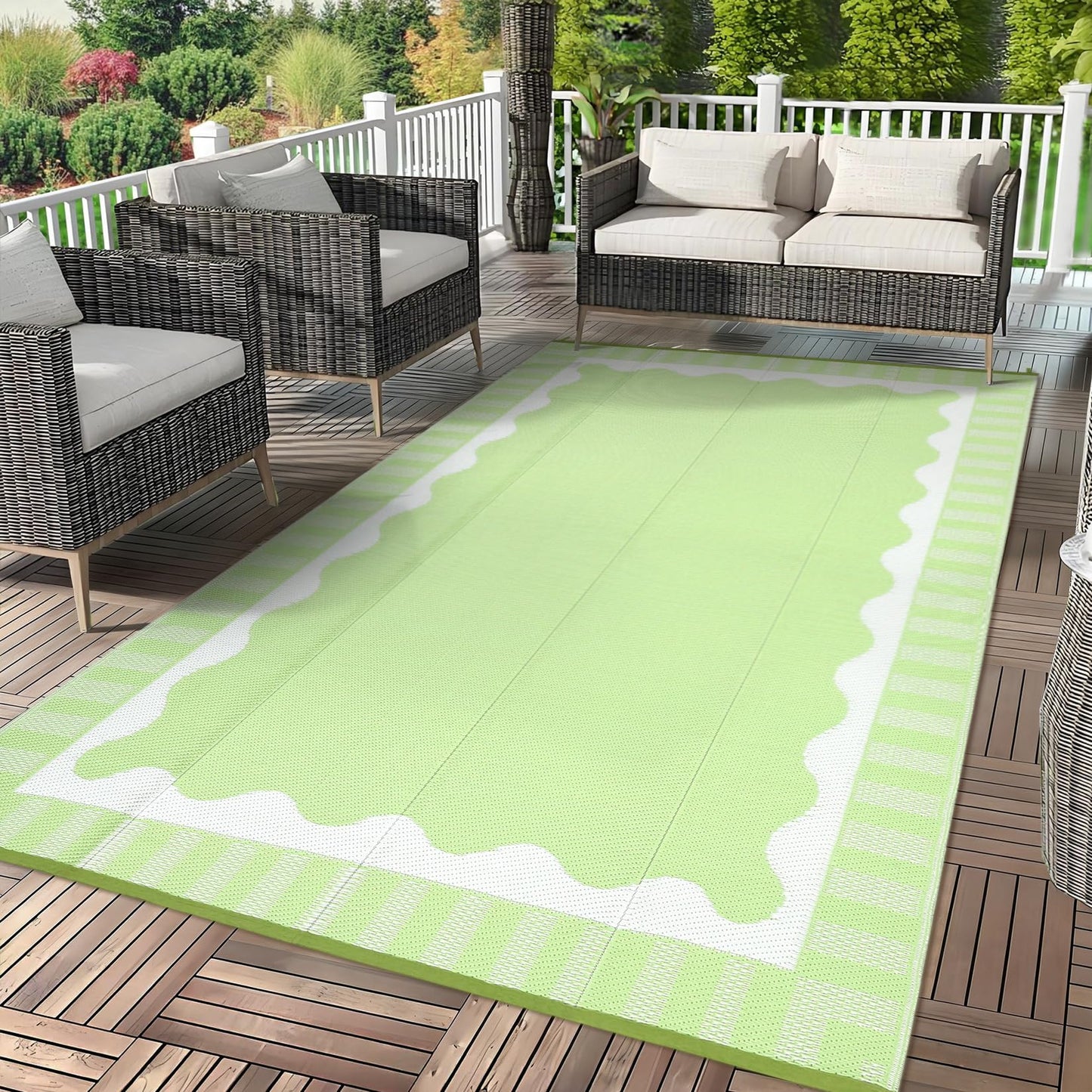 MilleLoom Outdoor Rug 9x12 Modern Scalloped Border Area Rugs for Indoor and Outdoor Patios and Porches - Waterproof, Washable, Non-Shedding, Easy-to-Clean Outside Carpet，Green/White