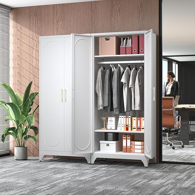 SteeLoong 71" Metal Armoire Wardrobe Closet with Doors，Tall Clothing Storage Cabinet with Adjustable Shelves and Hanging Rod,White Wardrobe Closet for Bedroom,Home,Office,Gym