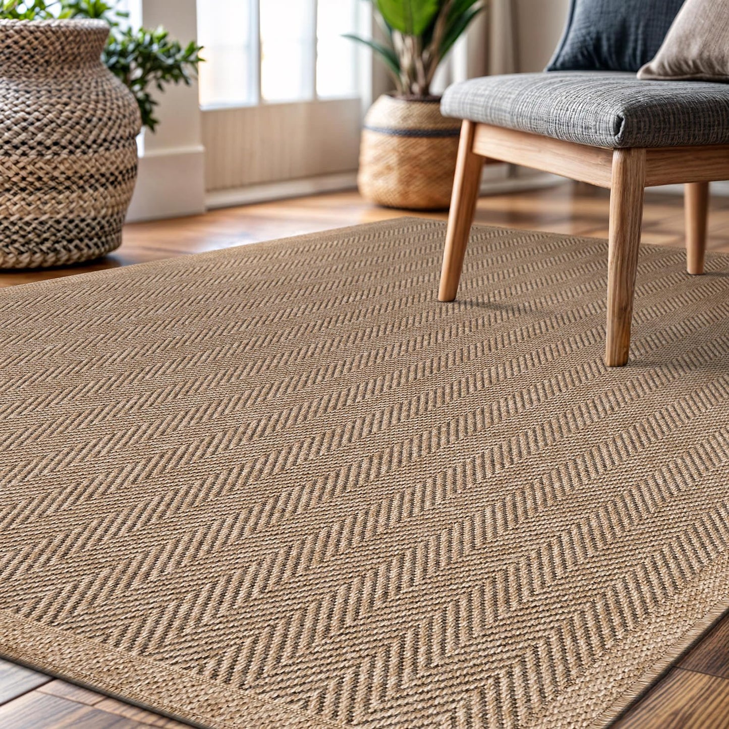 CAMILSON Easy Jute Rug 5x7, Indoor Outdoor Natural Color Fiber Area Rugs for Living Room Patio and Bedroom Rug Herringbone Seagrass Woven Design Easy-Cleaning, Washable Outside Carpet Alfombras 5 x 7