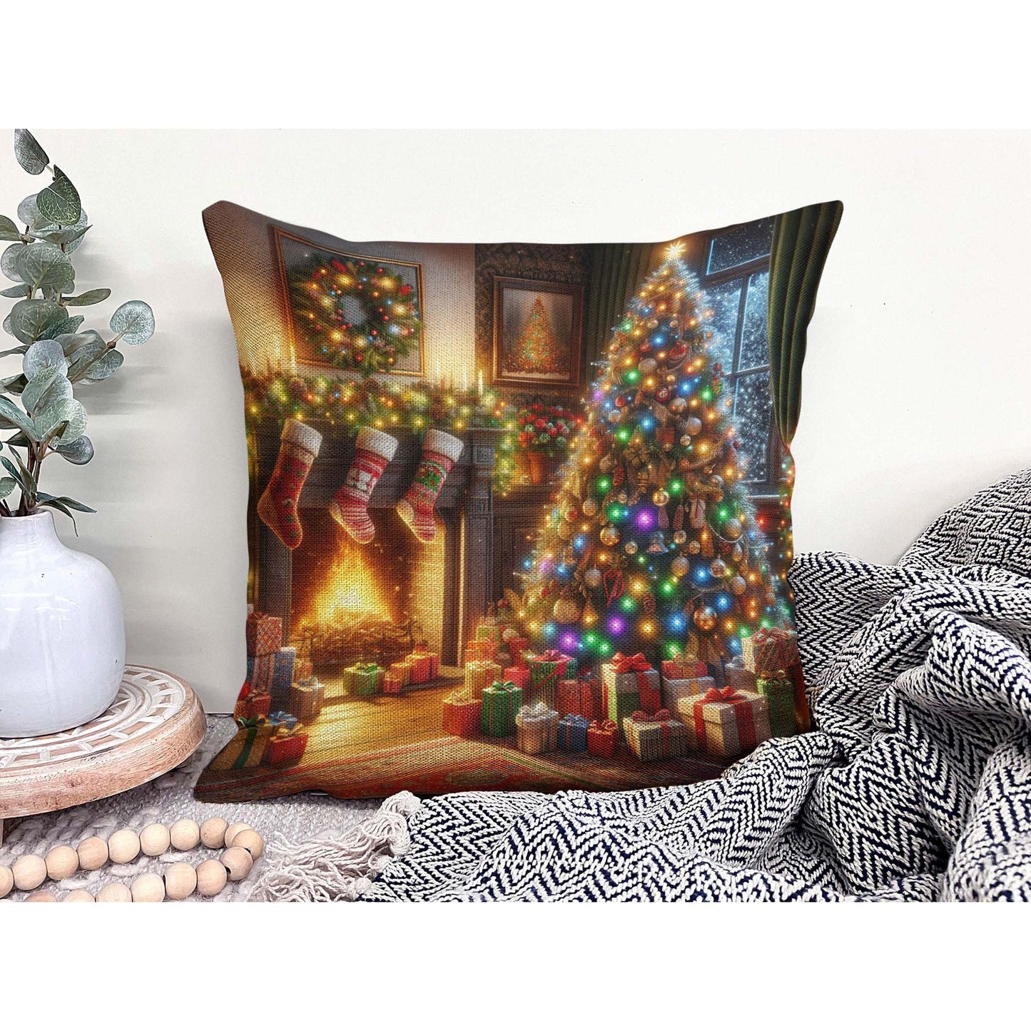 Throw Pillow Cover 20x20 Inch,Christmas Living Room Christmas Tree Adorned Lights Ornaments Stockings Hang Above Fireplace Throw Pillow Case,Home Decor Cushion Covers for Sofa Living Room Couch Bed