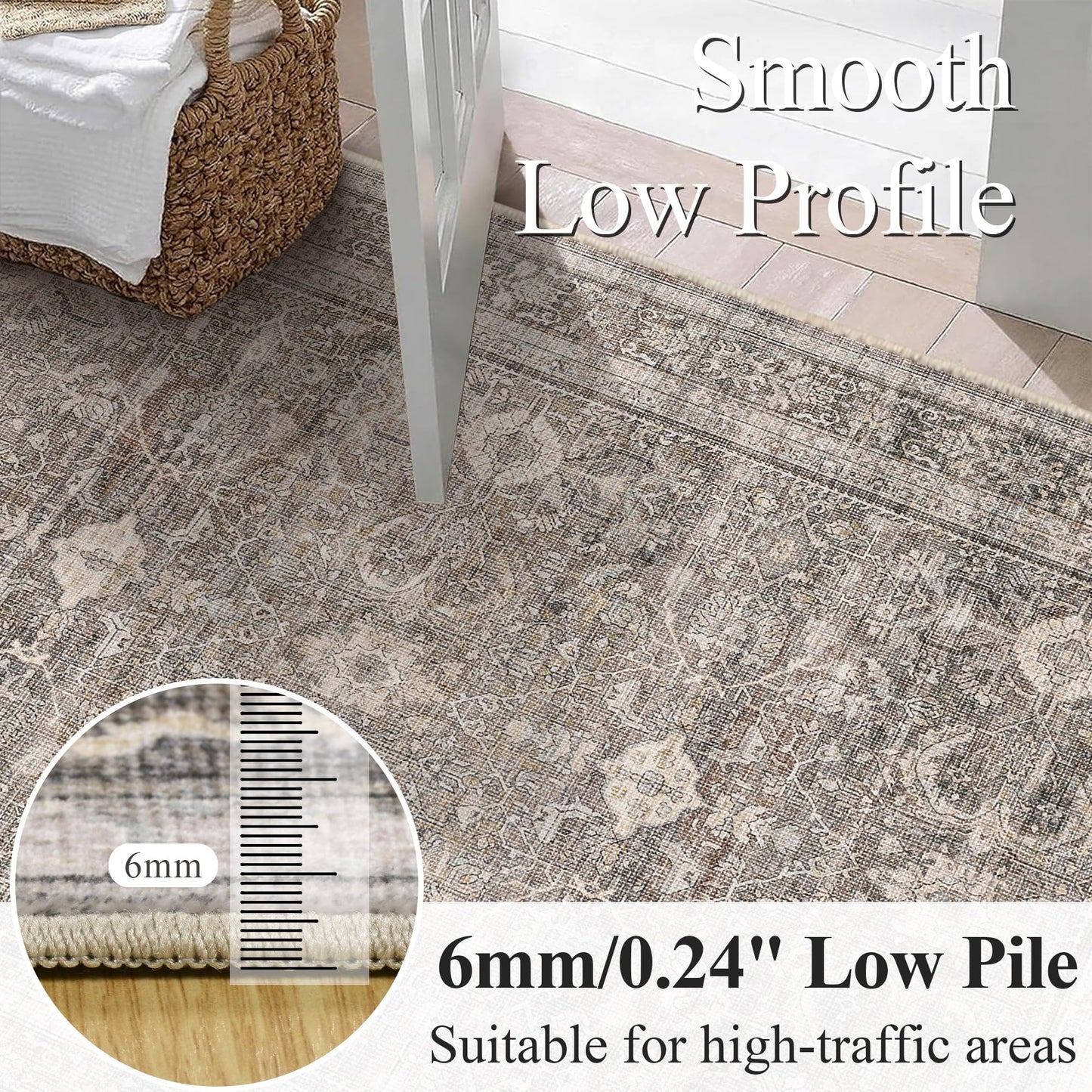 Schweek 6x9 Area Rug Washable Neutral Vintage Distressed Living Room Rugs Large Non Slip Low Pile Soft Floral Carpet Stain Resistant Throw Rug for Bedroom Dining Room Kitchen Office Nursery Taupe