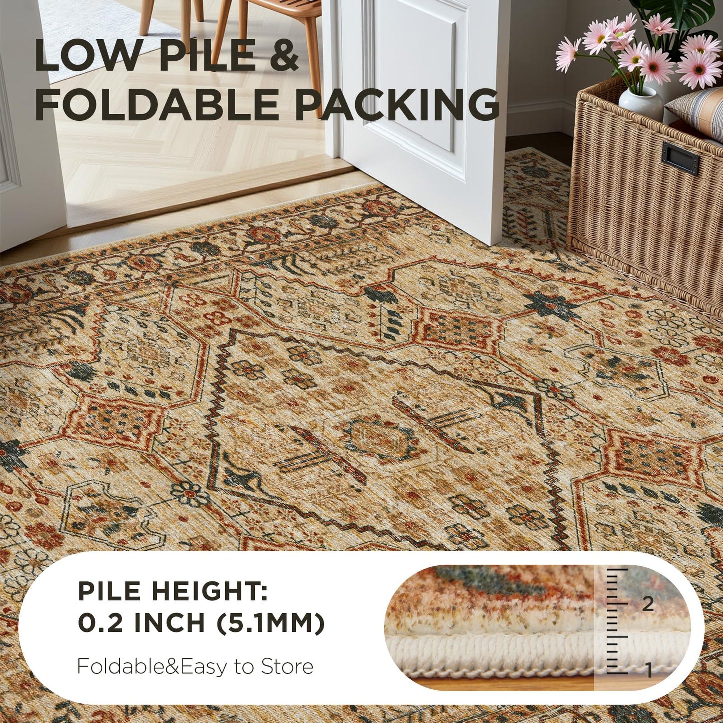 Joydeco 3x5 Area Rugs for Living Room, Non Slip Machine Washable Vintage Rug, Low Pile Chenille Print Rugs for Bedroom, Dining Room, Home Office, Pet & Child Friendly, Tan