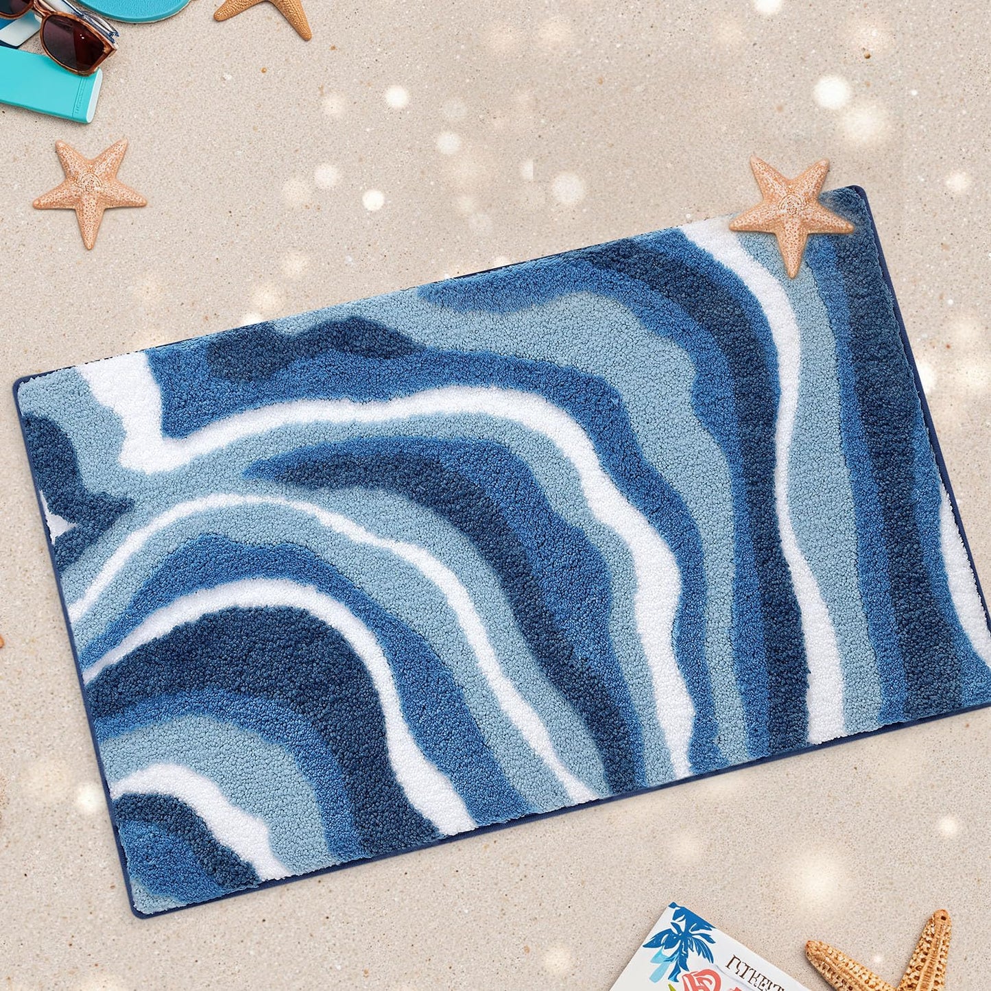LUMI Absorbent Bathroom Rug Non Slip Rubber Backing, Machine Washable Wave Bath Mat Soft Premium Microfiber, Beach Bath Rugs Quick Dry for Bathtub and Shower Floor, 16"x24"