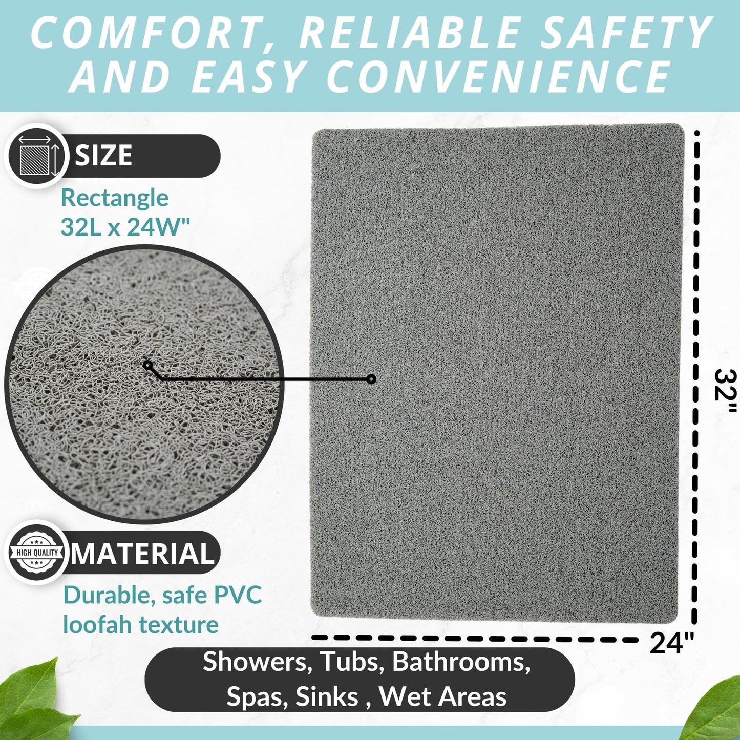 Enkosi Loofah Non-Slip Shower Mat - Shower Floors, Bathtub, Bathrooms, Wet Areas - Cushioned Bath Mat with Drain Holes - Quick Dry PVC, Secure Safety Pad Without Suction Cups (32x24 Grey)