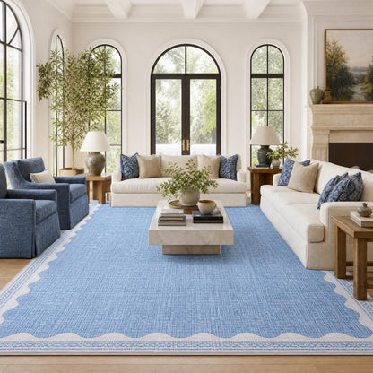 GarveeHome Scalloped 8x10 Rug for Living Room Washable Non-Slip Solid Blue Modern Minimalism Low-Pile Carpet 8 x 10 Rug for Bedroom Dining Nursery Mat with Rubber Back
