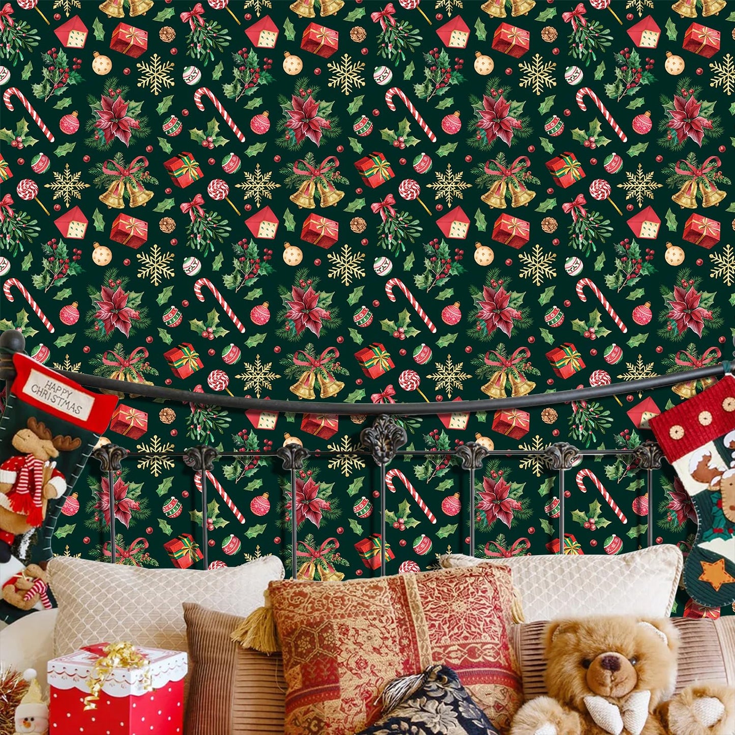IARTTOP Merry Christmas Wallpaper Peel and Stick Xmas Holiday Poinsettia Contact Paper for Wall Cabinets Christmas Ornament Wallpaper Self-Adhesive for Winter Party Bedroom Holiday Decor(17.3"X118.1")