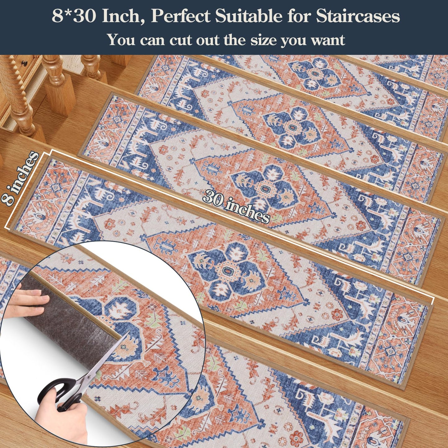 Lahome Non Slip Peel and Stick Stair Treads 15 Pack 8" X 30" Carpet Treads for Wood Stairs, Washable Self Adhesive Mat Edging Staircase for Tenant Defend The Steps from Scratches Dorie,Blue-Tan