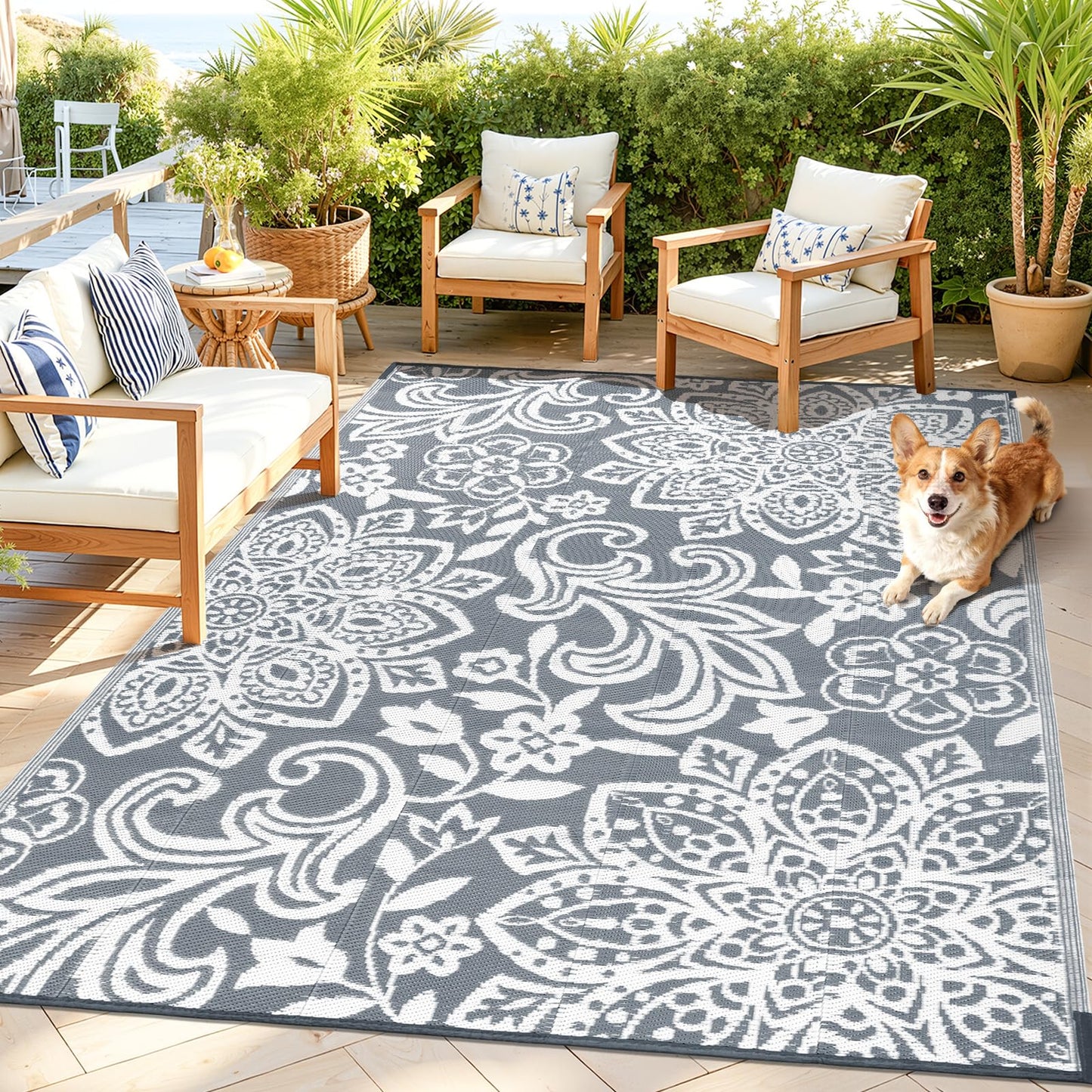 Findosom Waterproof Outdoor Rug 5' x 8' - Reversible Mandala Outdoor Plastic Straw Rug, Durable Foldable Patio Rug for RV, Deck, Balcony, Backyard, Picnic, Porch, Camping, Beach, Gray