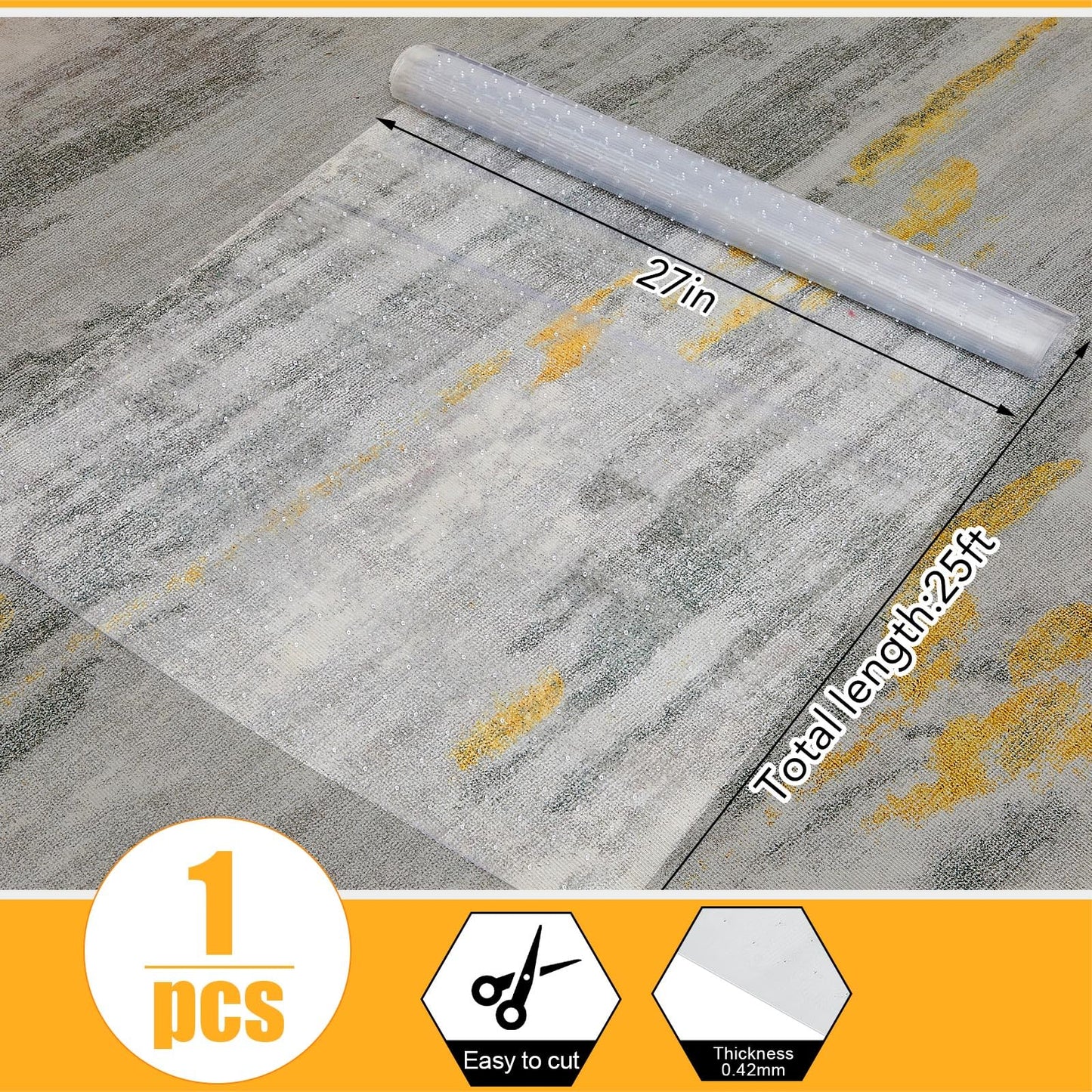 Tinideya 1 Roll 27 in x 25 ft x 0.017 in Clear Plastic Floor Protector PVC Runner with Grippers Non Slip Stain Resistant Floor Mat Ribbed Covering for Carpet Rug High Traffic Hallway Entrance