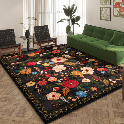 Rugcomf Living Room Rug 6x9 Rug Machine Washable Boho Area Rug Non Slip Floral Vintage Low Pile Large Rug for Living Room, Bedroom, Farmhouse, Dining Room, Kids Playroom(Black)