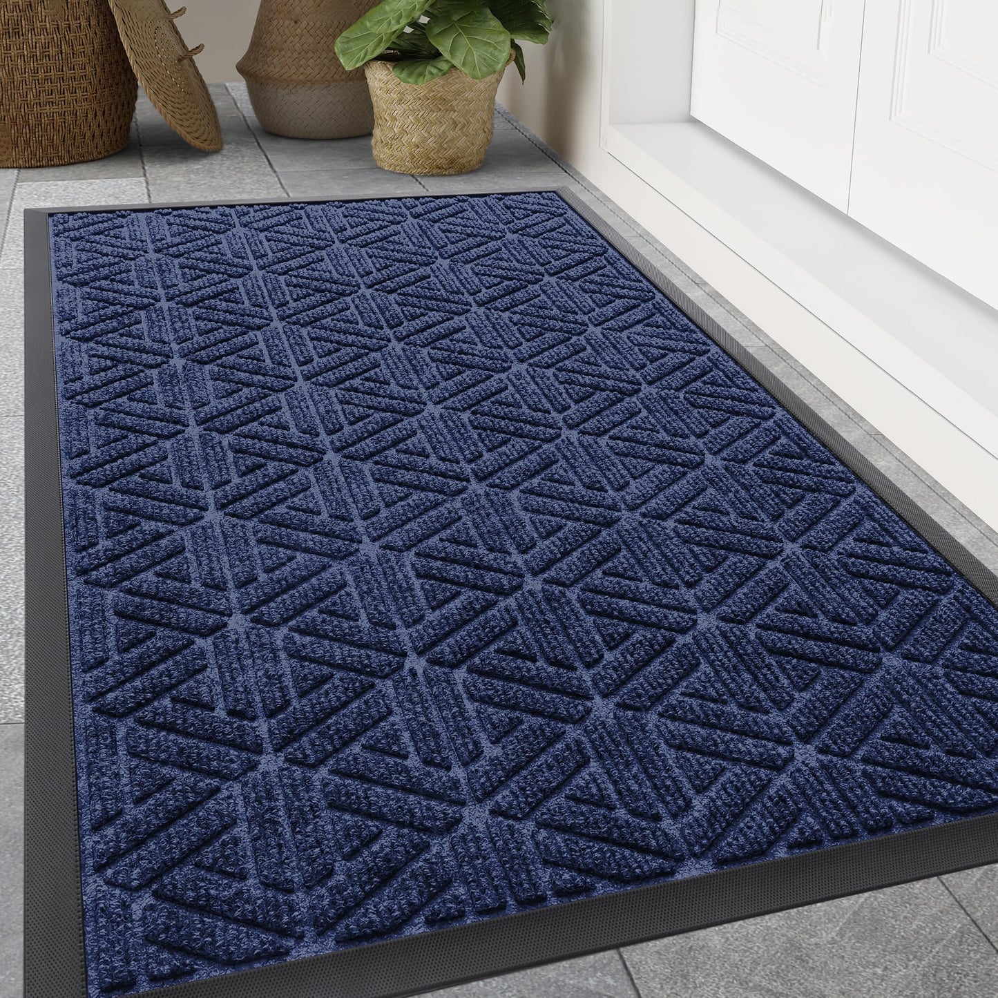 Smiry Front Door Mat Outside Entrance, Heavy Duty Sturdy Natural Rubber Doormat, Trap Dirt and Moisture, Easy Clean Low Profile Mats for Indoor Outdoor Entry, Grid Geometric (47x32, Navy Blue)