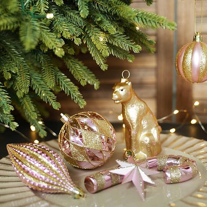 SHareconn 145pcs Christmas Balls Ornaments Set, Shatterproof Plastic Baubles Snowflakes, Stars and Tree Topper for Xmas Tree Holiday Wedding Party Decorations with Hanging Strings, Gold and Pink