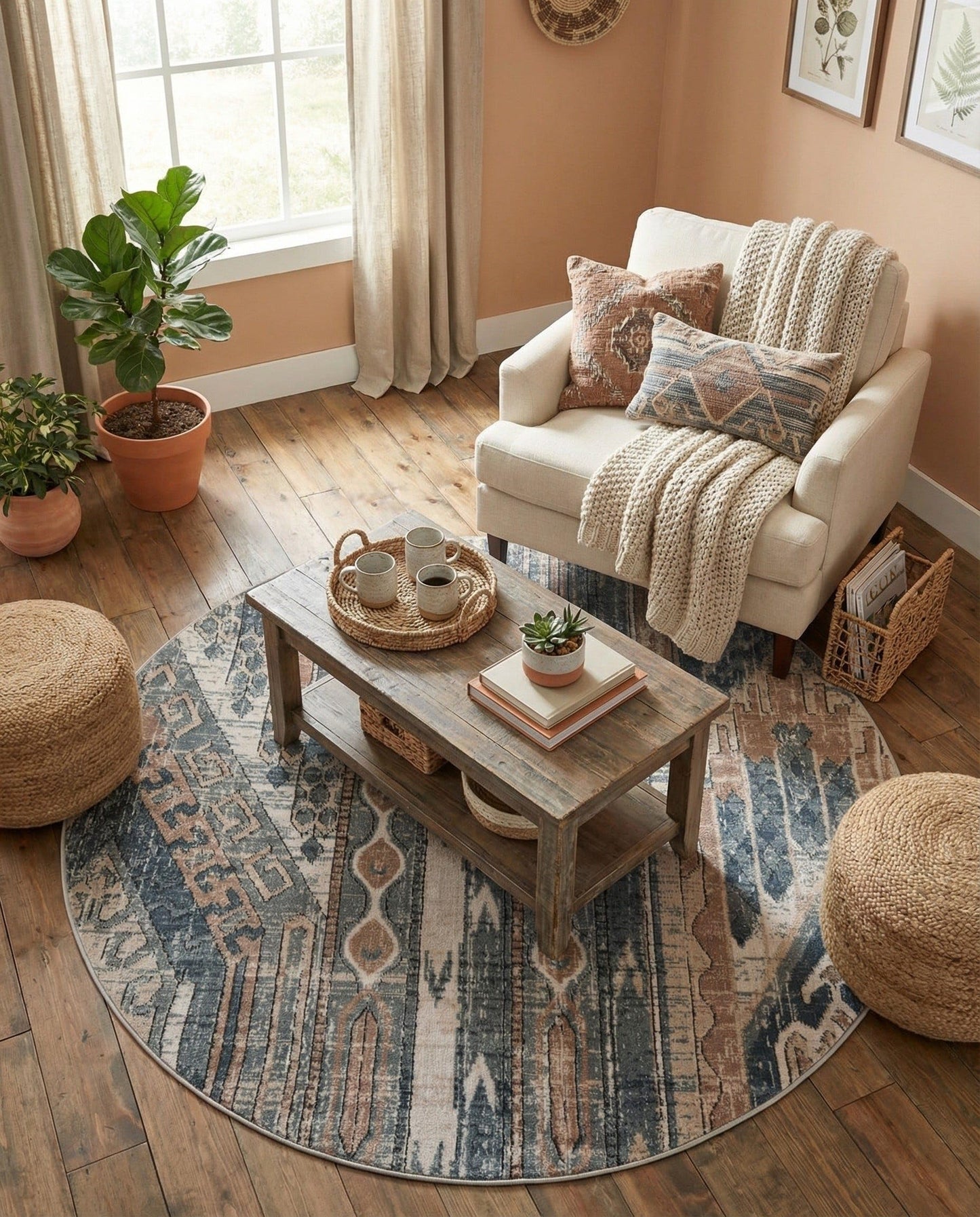 Rugs.com - Oregon Collection Rug – 5 Ft Round Navy Blue Easy-Clean Rug – Rustic Southwestern Style for Bedrooms, Living Rooms, and Entryways