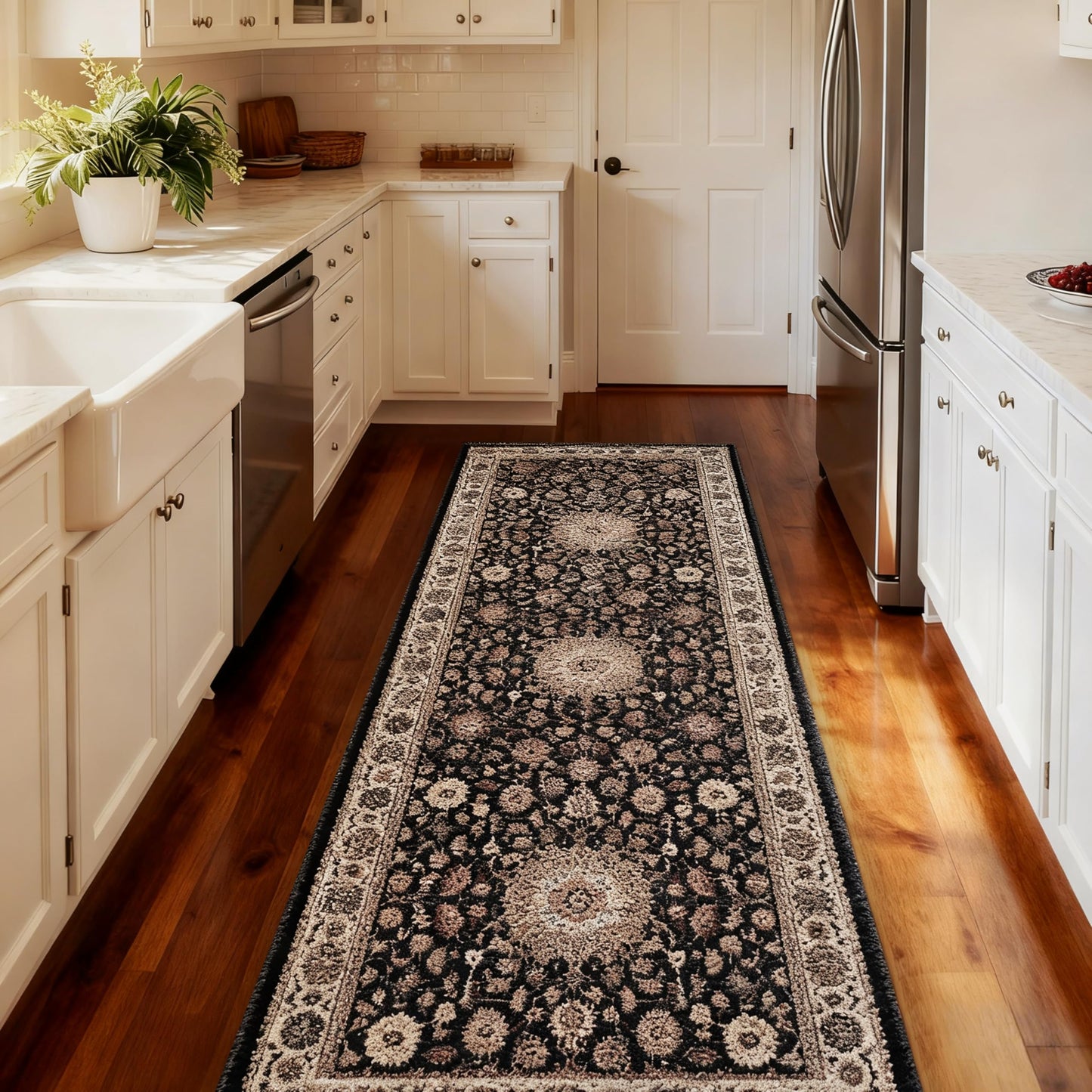 XSYarn Hallway Washable Runner Rug 2'x6' Vintage Soft Farmhouse Entryway Kitchen Runner TPR Non-Slip Low-Pile Boho Floor Carpet Runners for Bedroom Bathroom Laundry Room, Brown