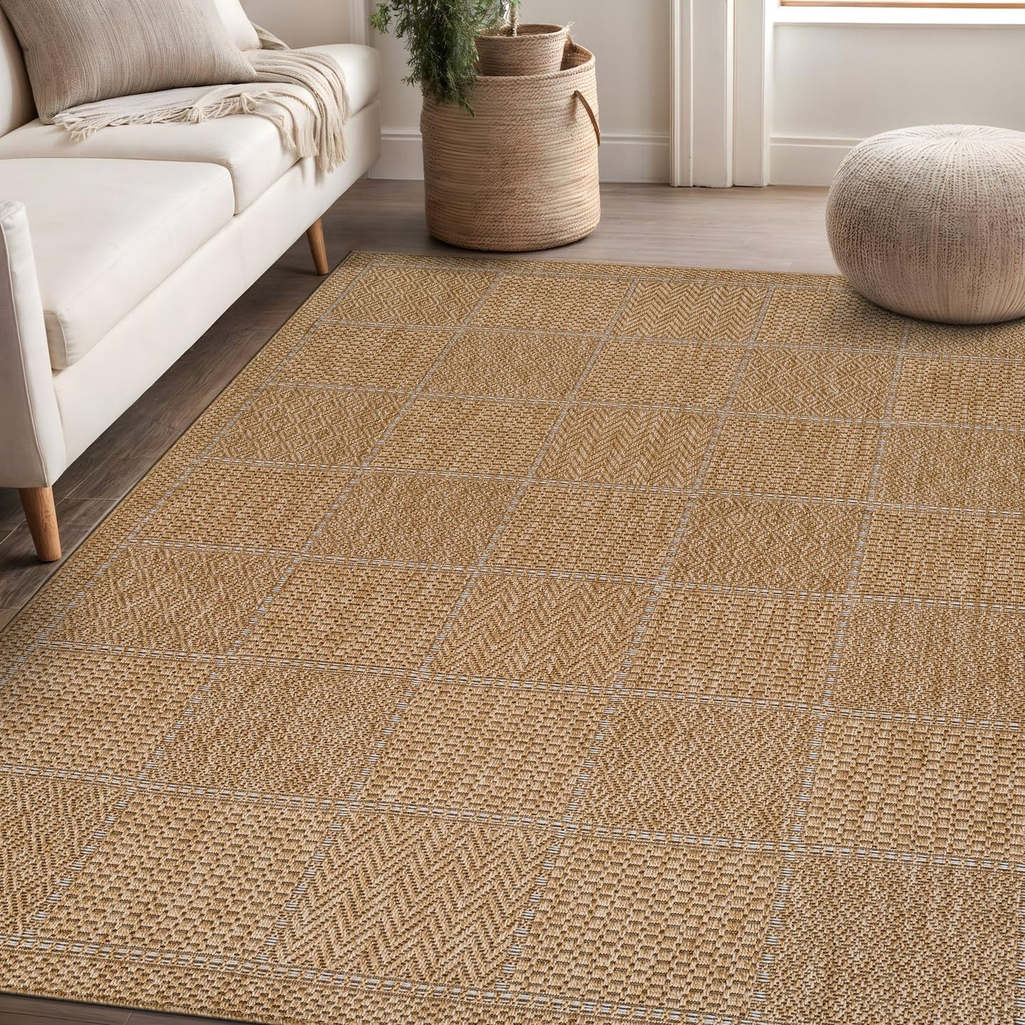 Beverly Rug Easy Jute Checkered Squared Rug 6x9 Washable Durable Indoor Outdoor Area Rugs for Living Dining Room Patio Office Stain Resistant Non Shedding Casual Indoor Outside Carpet 6 x 9 Natural
