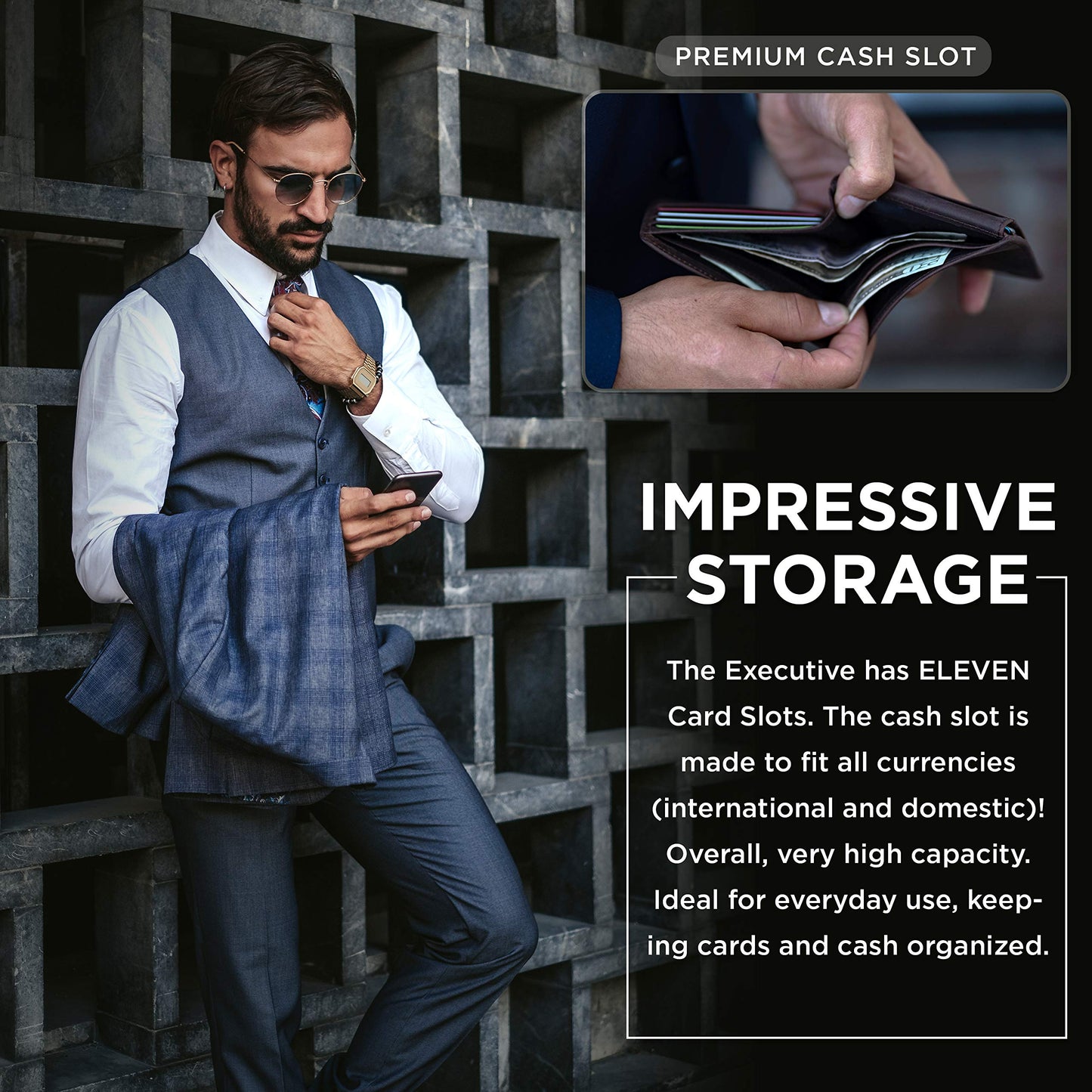 SERMAN BRANDS 2 ID Window Wallet for Men RFID Blocking Leather, Bifold Top Flip, Extra Capacity Travel Wallet (Morning Roast Executive)