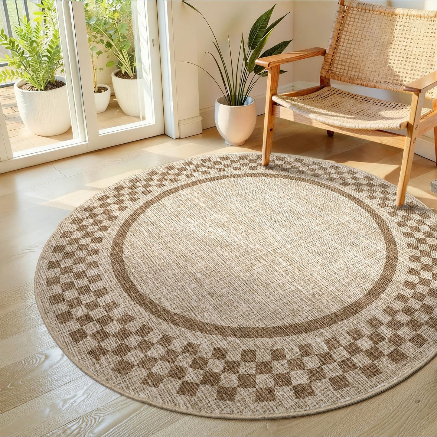 4ft Washable Round Rug for Entryway Modern Checkered Bedroom Circle Rug Non Slip Soft Dining Room Round Throw Carpet Small Stain Resistant Border Round Rugs for Living Room Kitchen Bathroom, Taupe