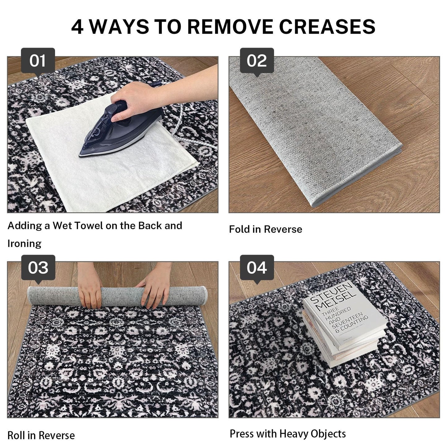 Lansny Vintage Entryway Rug 2x3 Washable, Black and White Kitchen Rug, Super Soft Thin Faux Wool Small Area Rug, Non-Slip Accent Mat for Foyer, Bedroom, Office