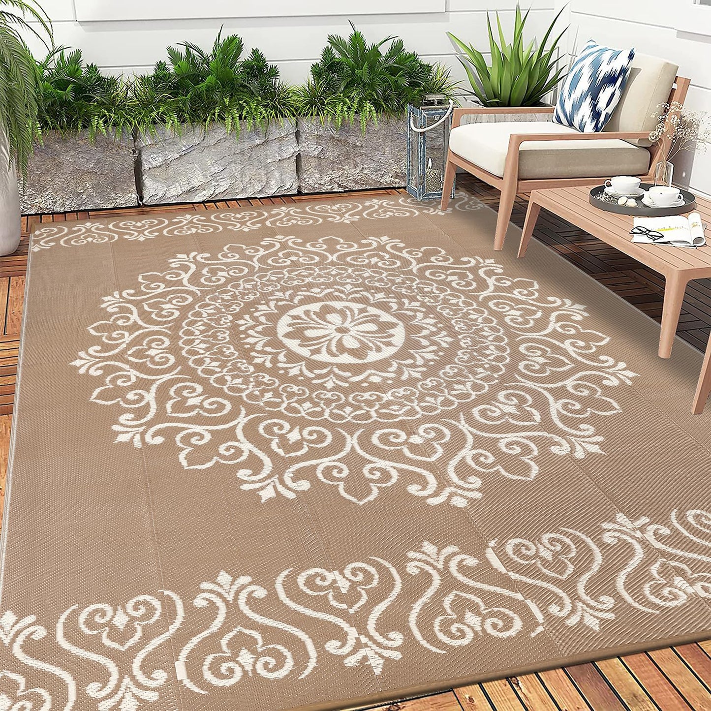 Pauwer Waterproof Outdoor Rug 8x10, Reversible Plastic Straw Patio Camping Rug, Indoor Outdoor RV Mat Carpet for Deck, Camper, Porch, Balcony, Backyard, Picnic, Floral Brown