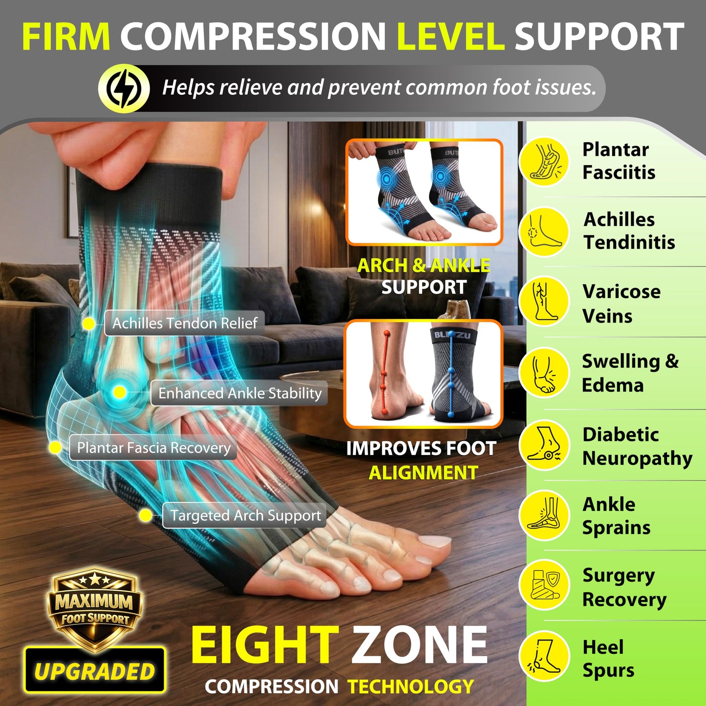 Compression Socks for Plantar Fasciitis, Achilles Tendonitis, Arthritis Relief, Ankle Brace Compression Sleeve with Foot Arch Support, Ankle Wrap for Women, Men, Swelling & Heel Pain Orange L-XL