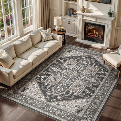 WITSHOCK Living Room Area Rugs 8x10: Washable Rug Boho Soft Non-Slip Low Pile Stain Resistant Foldable Carpet for Bedroom Playroom Dining Room Office Kitchen Farmhouse Home Decor Rug-Bitter Black