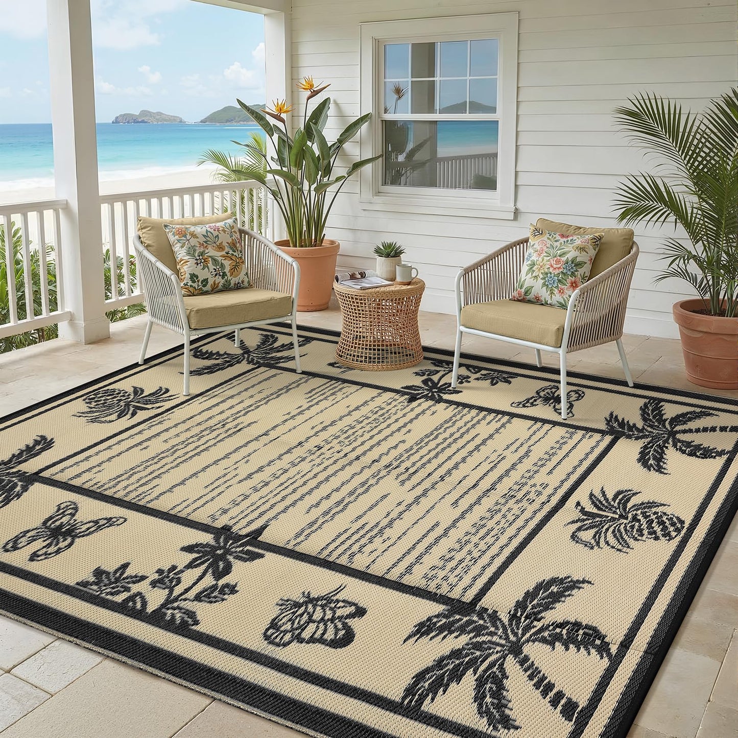 Garvee Outdoor Rug 5x8 Waterproof for Patios, Reversible Plastic Straw Rug, Tropical Leaf Indoor Outdoor Rugs, Large Area Rug for RV, Camping, Deck, Picnic Mat, Outside Carpet, Black & Brown