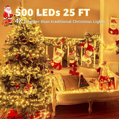 500 LED 25 FT Cluster Lights, Warm White Christmas Tree Lights 8 Modes Timer Remote, Waterproof String Lights for Indoor Outside Garland Xmas Decorations