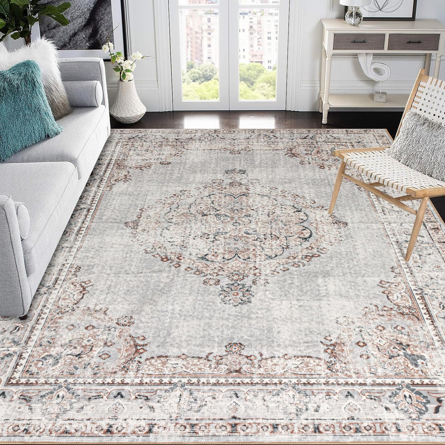 Easy-Going Area Rug 5x7 Washable Boho Rugs for Living Room Non-Slip Bedroom Rug Low Pile Lightweight Vintage Distressed Throw Rug for Dining Room Kitchen Home Office Carpet, Grey Brick