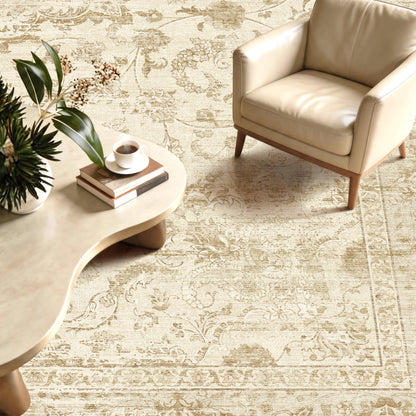 TTelephant Beige Living Room Rugs 8x10, Neutral Vintage Boho Carpet for Bedroom and Dining Room, Low Pile Nursery Indoor Area Rug with Non-Slip Silicone Backing, Non-Shedding