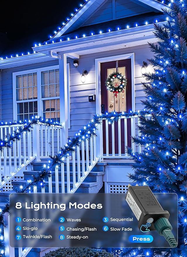 C9 Christmas Outdoor Lights, 72 FT 110 LED C9 String Lights, 8 Modes & Timer Extendable Waterproof for Christmas Tree Indoor Outdoor Roofline Patio Outside Garden Backyard Xmas Decor, Blue White