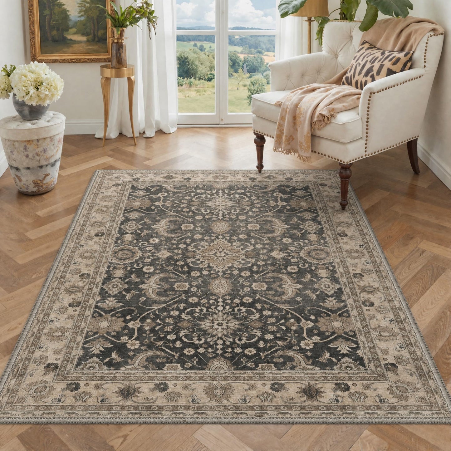 Bavni Area Rugs for Living Room, 5x7 Area Rugs Non-Slip Washable，Ultra-Thin Oriental Floral Rug for Bedroom Dinning Room Office, Dusty Taupe