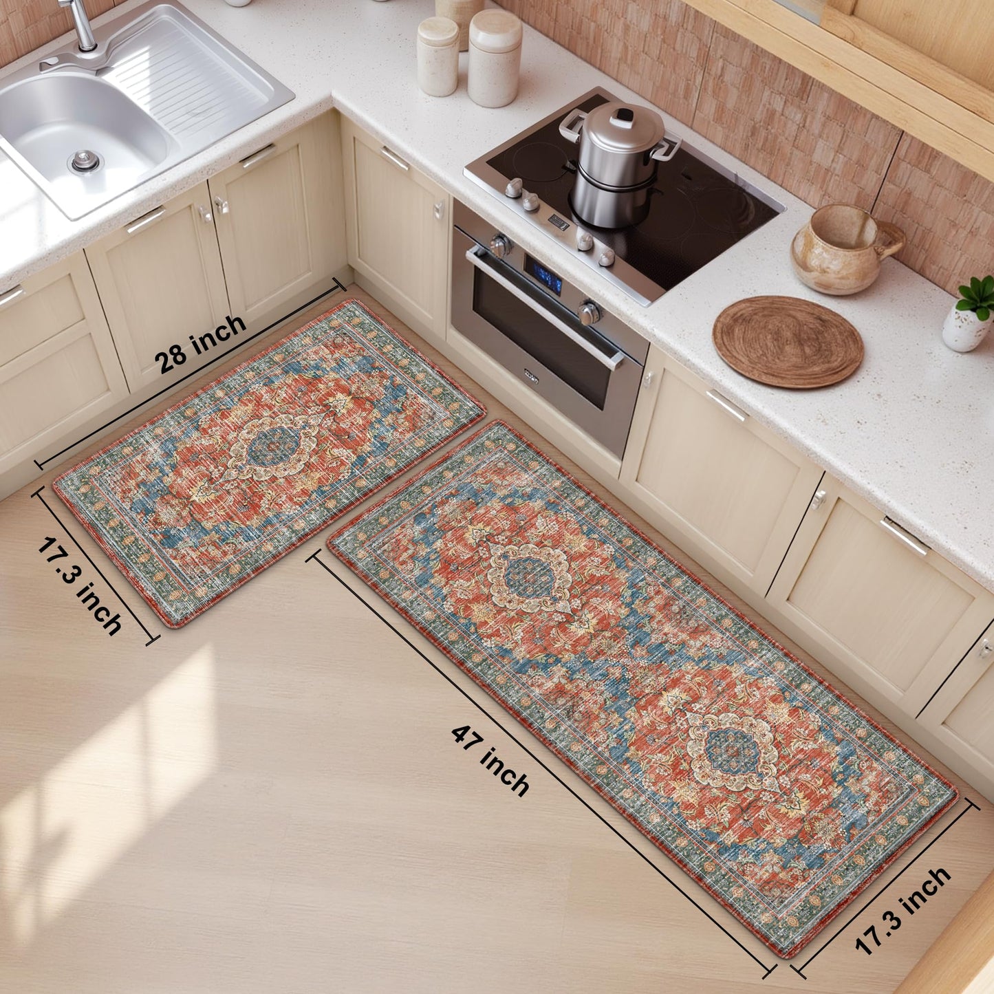 Boho Kitchen Mats for Floor 2 Piece Set Anti Fatigue Cushioned PVC Kitchen Rugs Non Slip Waterproof Farmhouse Mats 2/5 Inch Comfort Standing Mat for Sink, Laundry, 17.3"x47"+17.3"x28", Retro Red