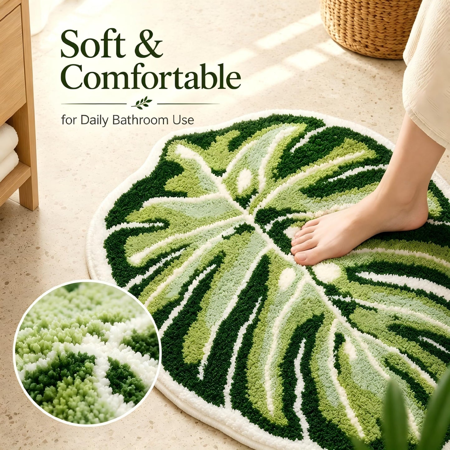Softania Monstera Bath Mat, Green Leaf Bathroom Rug, Soft Non Slip Washable Plant Bath Mat for Tropical Green Boho Bathroom Decor (21" x 26")