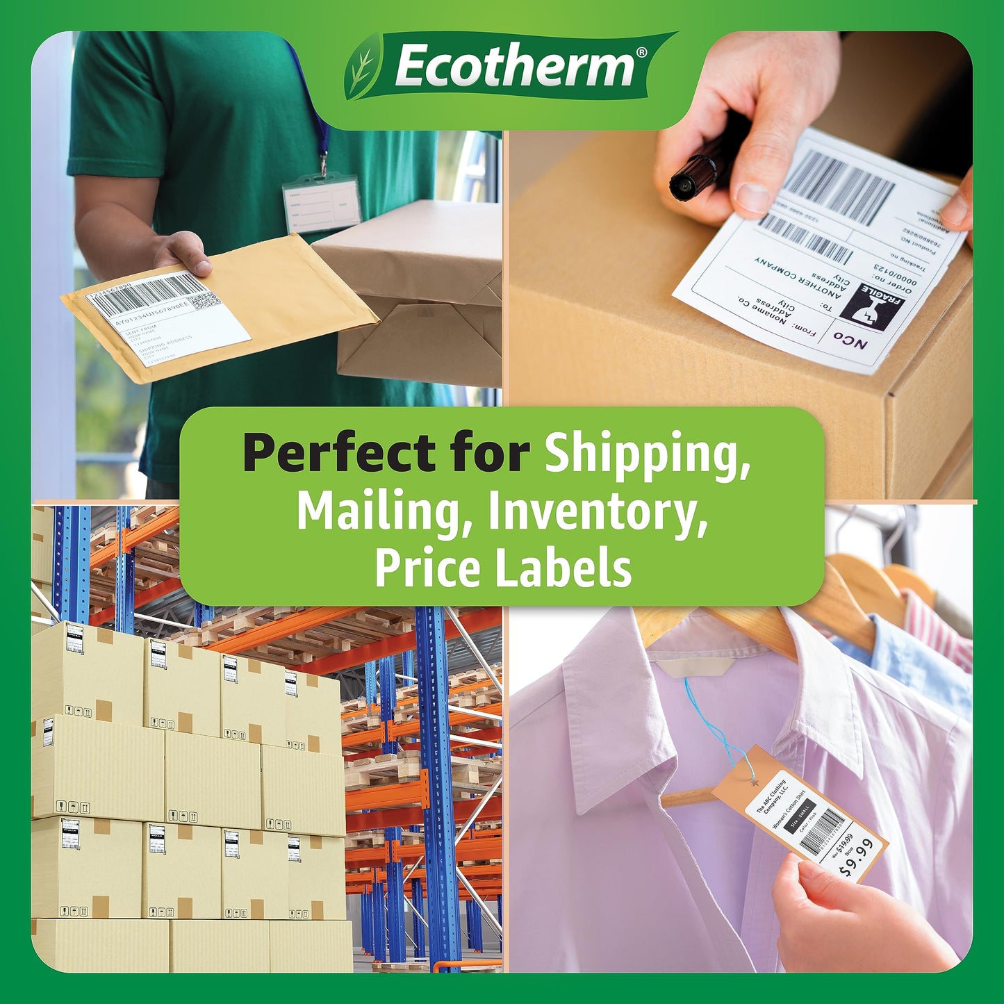 2.25" x 2" Thermal Labels | 4 Rolls | 2940 Labels | fits Zebra, Munbyn, Rollo, Godex, Arkscan, iDPRT, Offnova Thermal Label Printers and More | Blank White Adhesive Stickers by Ecotherm