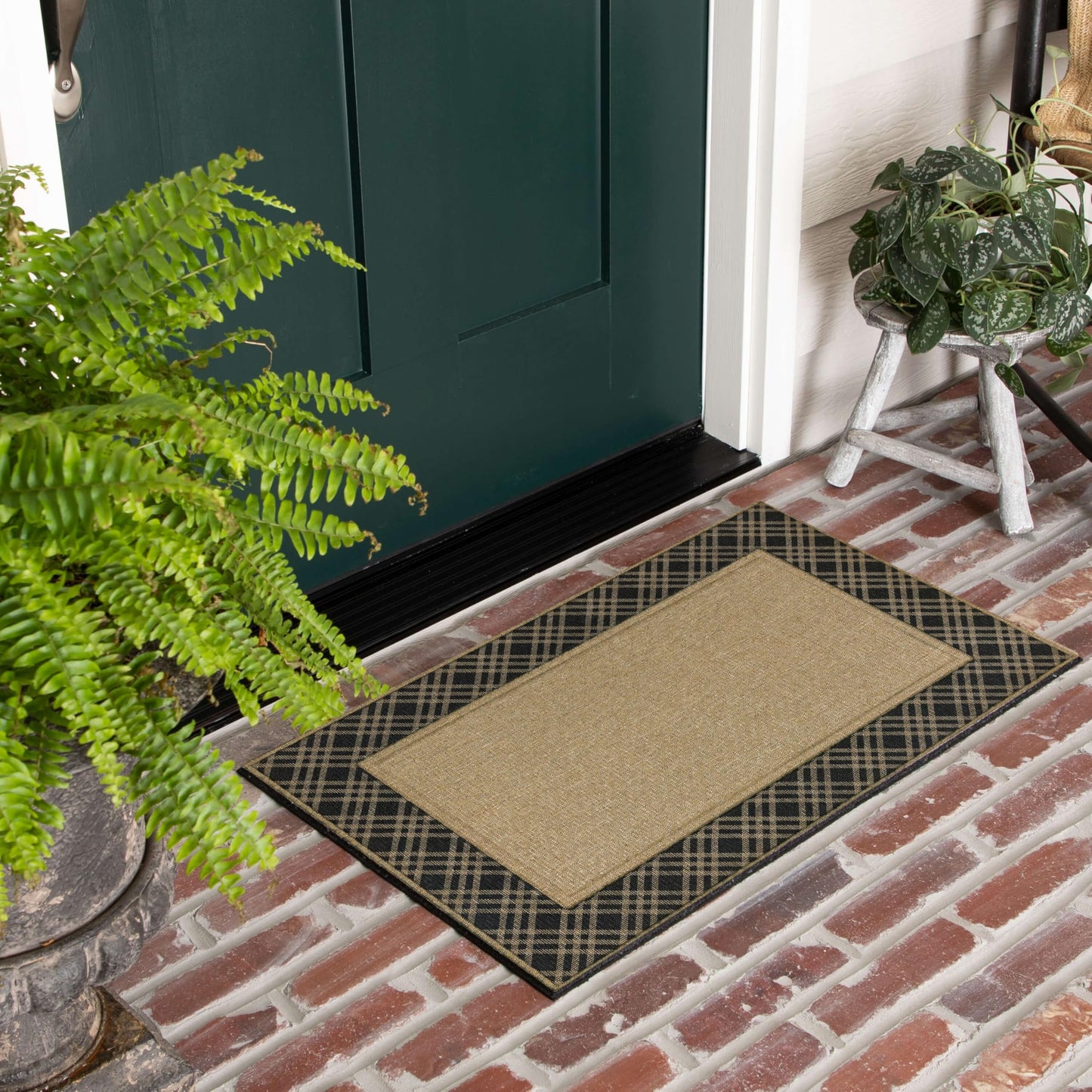Mohawk Home Plaid Border Casual Geometric Tan 2' X 3' Door Mat Perfect for Garage, Porch
