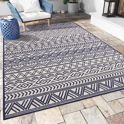 Outdoor Rug Carpet 5x8 ft, Flatweave Textured Outdoor Patio Rug Non Slip Indoor Outdoor Rugs with Rubber Particles Backing Boho Outdoor Area Rug for Patio Deck Front Porch Backyard Balcony, Navy