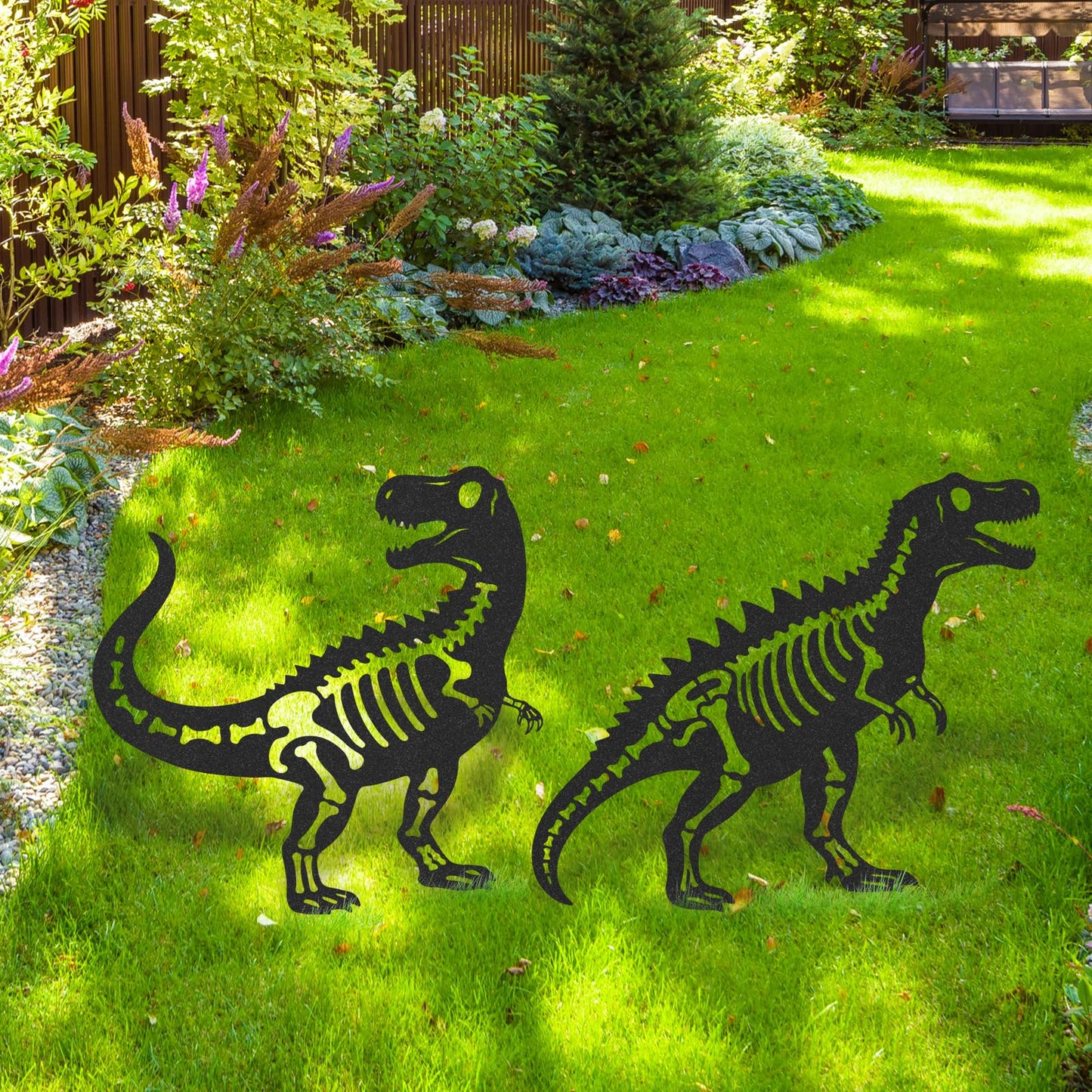 LIRAVENO Dinosaur Decor Garden Stakes - 2 Pcs Metal Dinosaurs Statues Waterproof Yard Art Silhouette Decoration for Outside Patio Lawn Pathway Christmas New Year Ornaments Birthday Gifts for Adults