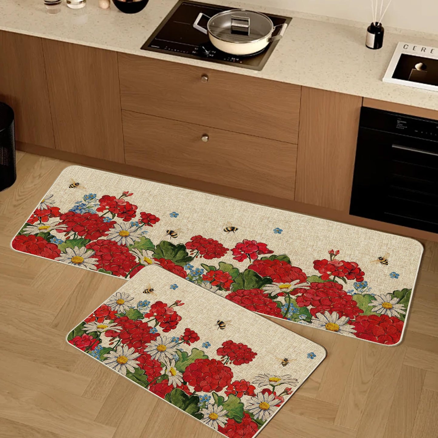 Tikeciti Spring Summer Red Geranium Kitchen Mats Set of 2, Bee and Flower Kitchen Rugs Seasonal Vibrant Daisy Holiday Floor Non-Slip Low Profile Mat Farmhouse Home Decor 17x29 and 17x47 Inch