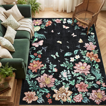 IDEALHOUSE Washable Area Rug, Soft Pearl Velvet Carpet, Non Slip Low Pile, Stain Resistance, Machine Washable Foldable Rug, Floral Pattern Modern, for Living Room, Bedroom, Dining Room, Black