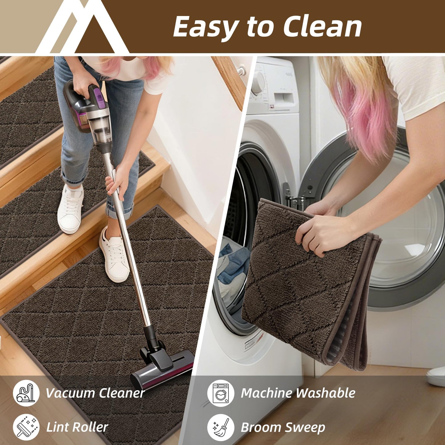 COSY HOMEER Edging Stair Treads Non-Slip Corner Indoor Stair Runners for Wooden Steps,Landing Slip Resistant Stair Rugs Mat for Kids and Dogs,100% Polyester TPE Backing,Brown,30x30 inch