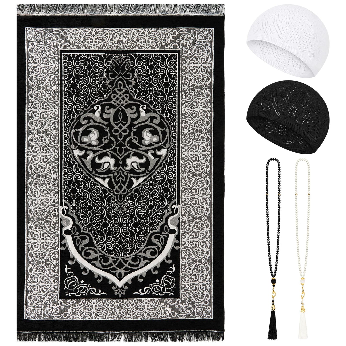 Bafeil Muslim Prayer Mat Set with Kufi Hat & Tasbih 99 Beads, Portable Islamic Prayer Rug Travel Foldable Sajjadah, Breathable Taqiyah Cap, Ramadan Eid Islamic Gifts for Men Women