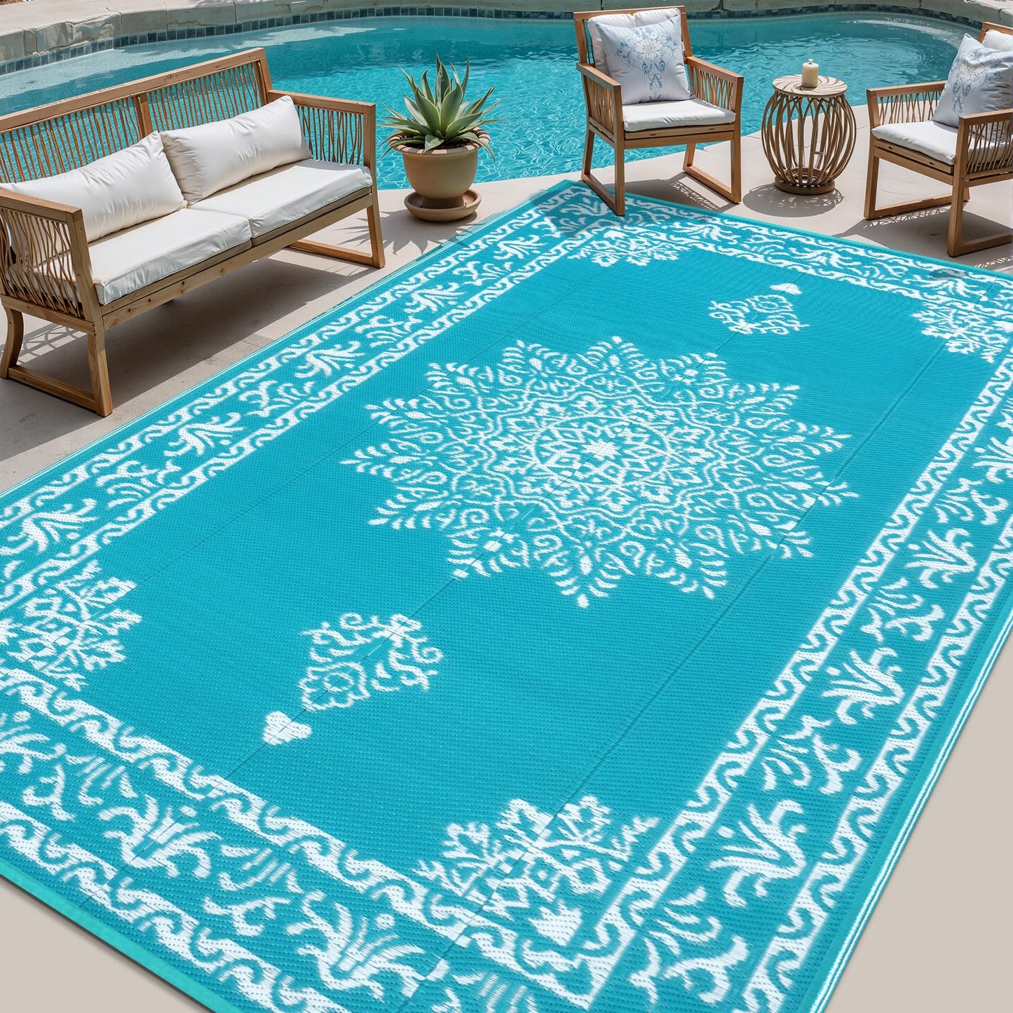 Yamaziot Outdoor Rug 8x10 Ft, Waterproof Plastic Straw Patio Rug, Reversible Backyard Carpet UV Resistant Portable RV Mat Clearance, Large Indoor Outdoor Rug for Patio, Porch, Deck, Balcony, Teal