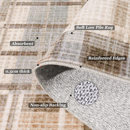 Rezutan Washable Rug 4x6 Plaid Rugs for Bedroom Non-Slip Neutral Floor Mat Indoor Soft Carpet Low Pile Foldable Thin Rugs for Living Room Dining Nursery Office, Caramel Beige Brown Gray