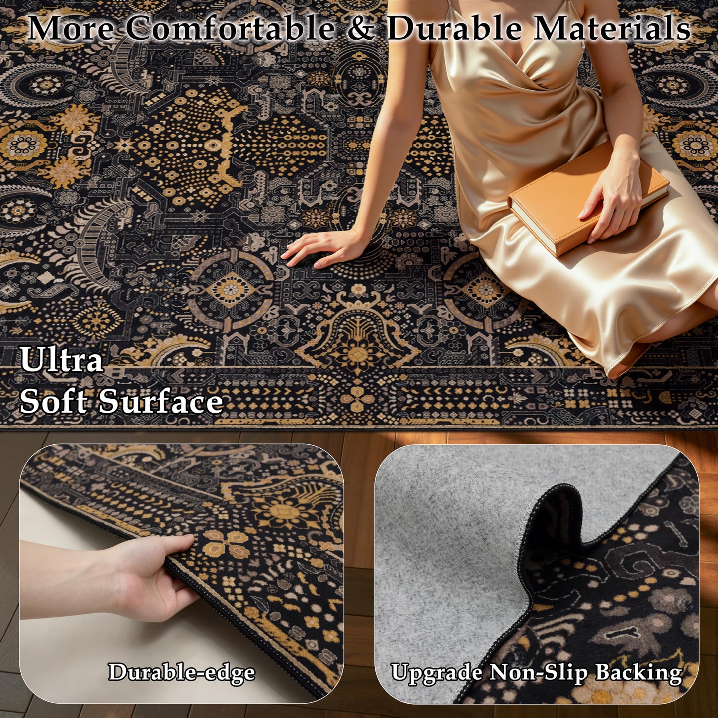 Ruaruarug Area Rug 8'×10', Non Slip Machine Washable Ultra Soft Stain & Fade Resistant, Pet & Kids Friendly, for Living Room/Bedroom/Kitchen/Classroom, Black Gold
