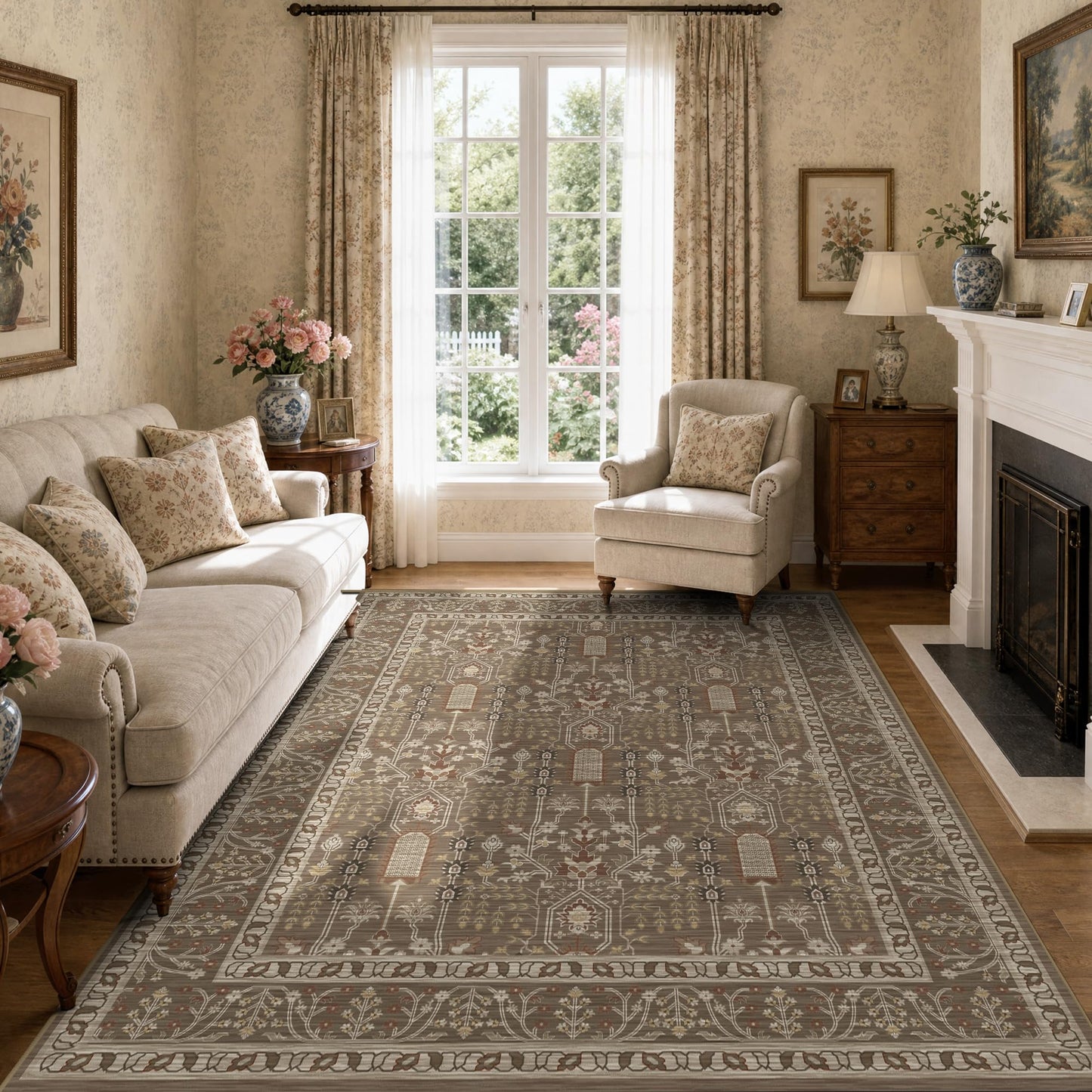 Deerly 5x7 Area Rugs Living Room, Low Pile Ultra Soft Rugs with Non-Slip Backing Machine Washable Vinatge Boho Carpet for Bedroom Playroom Nurseryroom, Kid & Pet Friendly Print Floor Brown Rug 5x7ft