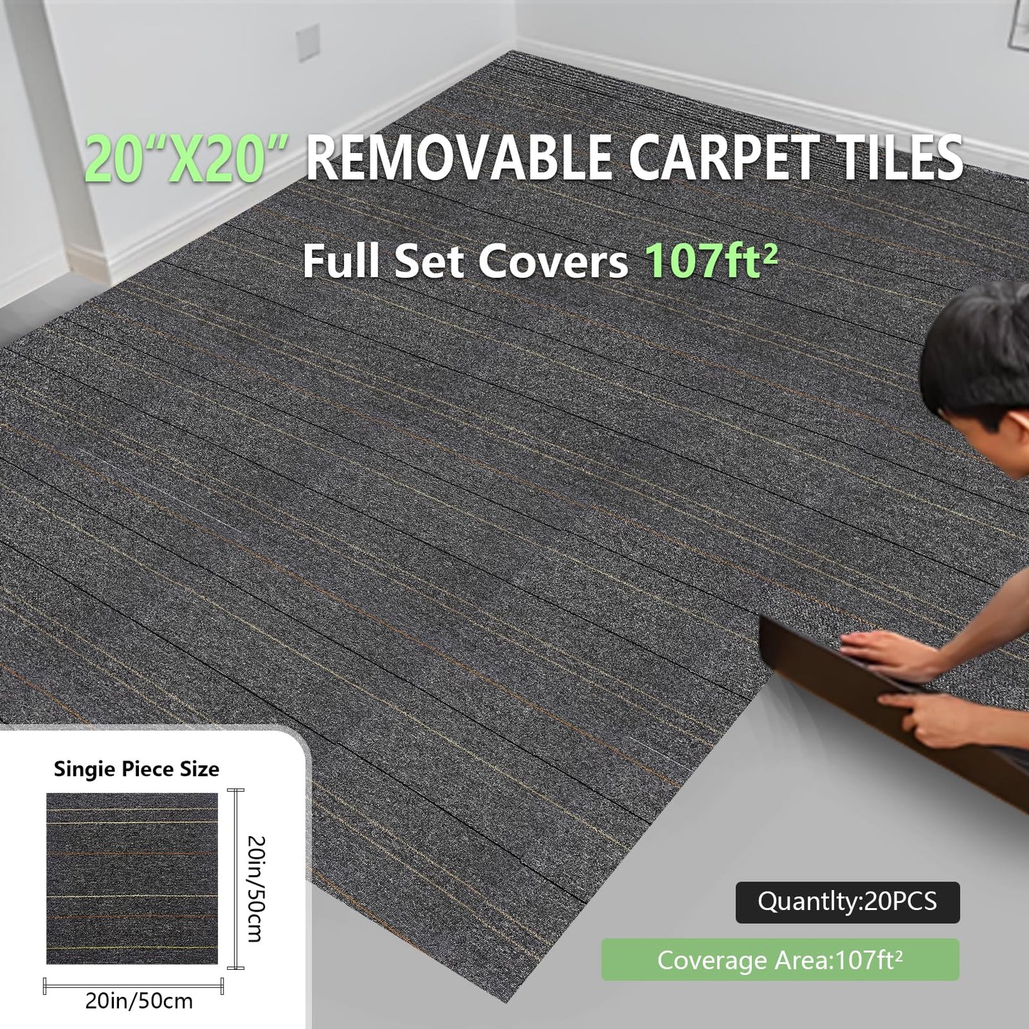 40 Tiles 20"x20" Carpet Tiles (107 sqft/Carton) - Non-Slip, Non-Adhesive, Padded Square Flooring for Home & Office - Easy DIY Installation, Seamless Look, Indoor & Outdoor Use